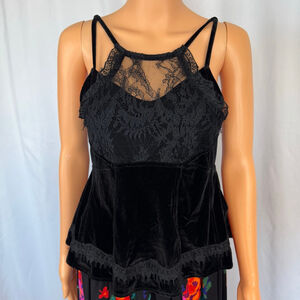 Free People Black Velvet & Lace Tank Peplum, Layered, Women's M Spaghetti Straps